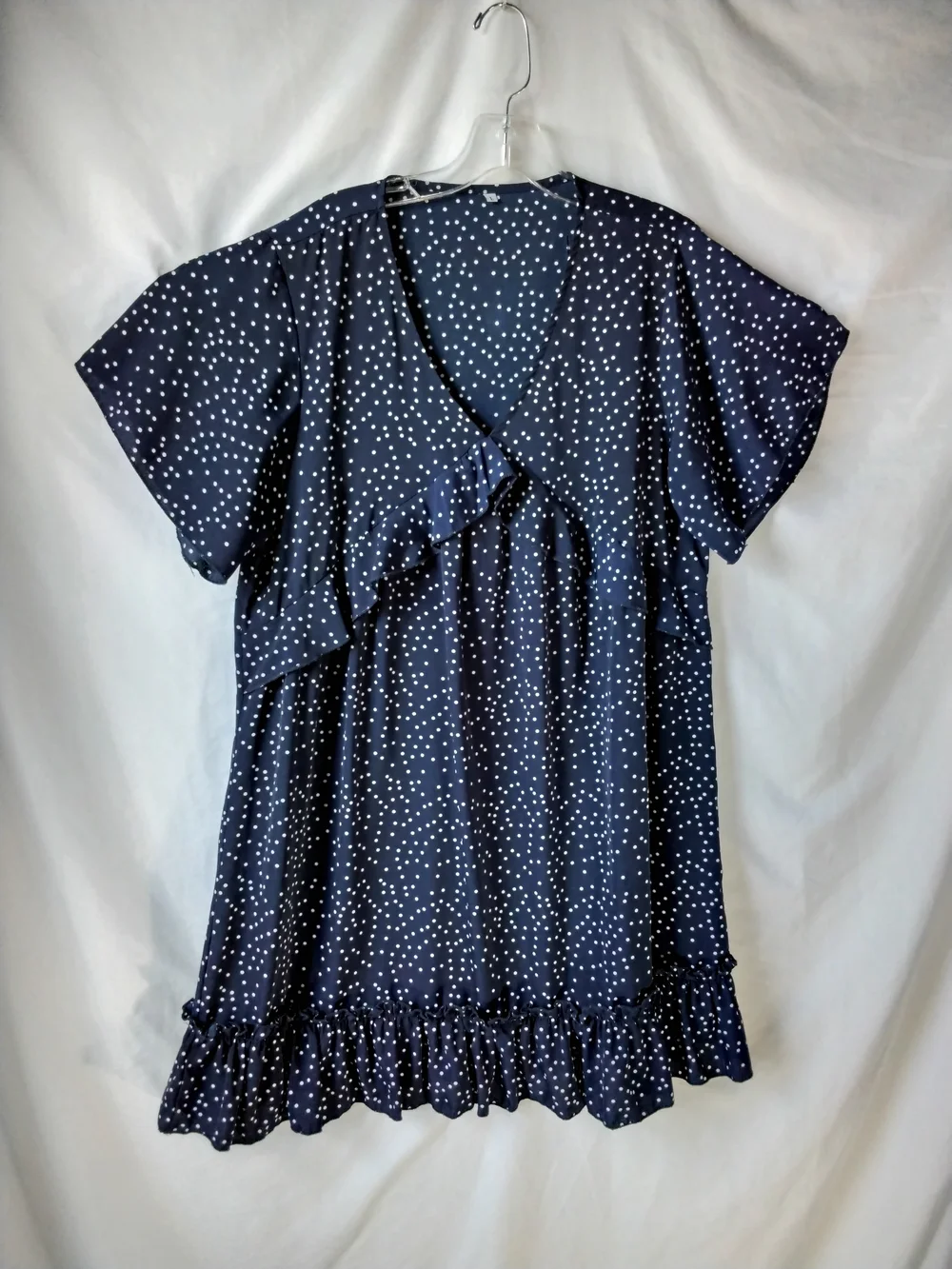 Navy Polka Dot Ruffle V-Neck Women's Dress